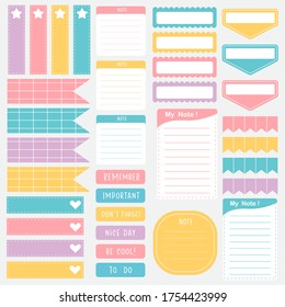 Cute paper note and printable. To do list template. Business organizer set. Simple page. Scrapbook and schedule collection. Banner design for message. Sticker memo. Vector illustration.