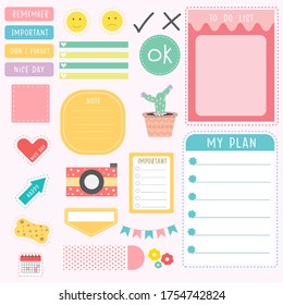 Cute paper note and printable. To do list template. Business organizer set. Simple page. Scrapbook and schedule collection. Banner design for message. Sticker memo. Vector illustration.