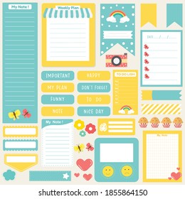 Cute paper note and printable. To do list template. Business organizer set. Simple page. Scrapbook and schedule collection. Banner design for message. Sticker memo. Vector illustration.