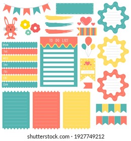 Cute paper note and printable. To do list template. Business organizer set. Simple page. Scrapbook and schedule collection. Banner design for message. Sticker memo. Vector illustration.