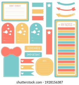 Cute paper note and printable. To do list template. Business organizer set. Simple page. Scrapbook and schedule collection. Banner design for message. Sticker memo. Vector illustration.