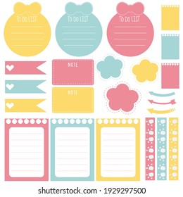 Cute paper note and printable. To do list template. Business organizer set. Simple page. Scrapbook and schedule collection. Banner design for message. Sticker memo. Vector illustration.