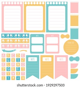 Cute paper note and printable. To do list template. Business organizer set. Simple page. Scrapbook and schedule collection. Banner design for message. Sticker memo. Vector illustration.