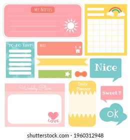 Cute paper note and printable. To do list template. Business organizer set. Simple page. Scrapbook and schedule collection. Banner design for message. Sticker memo. Vector illustration.