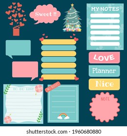 Cute paper note and printable. To do list template. Business organizer set. Simple page. Scrapbook and schedule collection. Banner design for message. Sticker memo. Vector illustration.