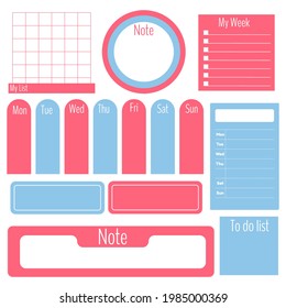 Cute paper note and printable. To do list template. Business organizer set. Simple page. Scrapbook and schedule collection. Banner design for message. Sticker memo. Vector illustration.