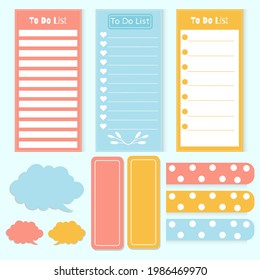 Cute paper note and printable. To do list template. Business organizer set. Simple page. Scrapbook and schedule collection. Banner design for message. Sticker memo. Vector illustration.