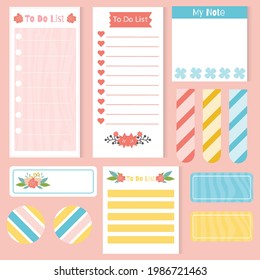 Cute paper note and printable. To do list template. Business organizer set. Simple page. Scrapbook and schedule collection. Banner design for message. Sticker memo. Vector illustration.