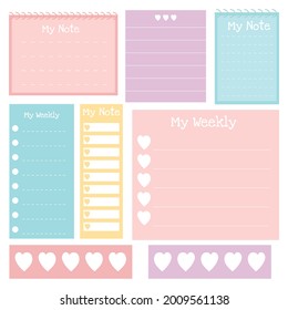 Cute paper note and printable. To do list template. Business organizer set. Simple page. Scrapbook and schedule collection. Banner design for message. Sticker memo. Vector illustration.