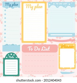 Cute paper note and printable. To do list template. Business organizer set. Simple page. Scrapbook and schedule collection. Banner design for message. Sticker memo. Vector illustration.