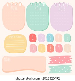 Cute paper note and printable. To do list template. Business organizer set. Simple page. Scrapbook and schedule collection. Banner design for message. Sticker memo. Vector illustration.