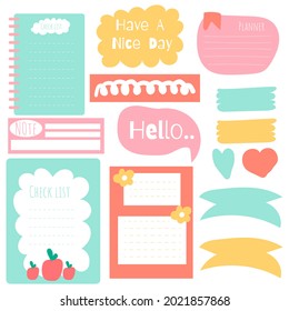 Cute paper note and printable. To do list template. Business organizer set. Simple page. Scrapbook and schedule collection. Banner design for message. Sticker memo. Vector illustration.