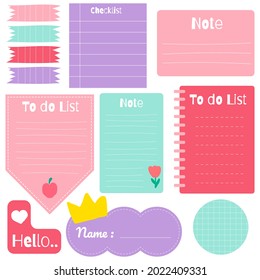 Cute paper note and printable. To do list template. Business organizer set. Simple page. Scrapbook and schedule collection. Banner design for message. Sticker memo. Vector illustration.