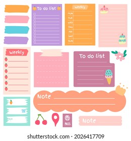 Cute Paper Note And Printable. To Do List Template. Business Organizer Set. Simple Page. Scrapbook And Schedule Collection. Banner Design For Message. Sticker Memo. Vector Illustration.