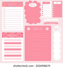 Cute paper note and printable. To do list template. Business organizer set. Simple page. Scrapbook and schedule collection. Banner design for message. Sticker memo. Vector illustration.