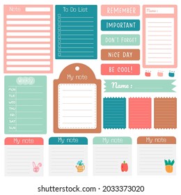 Sticky Note Set. Papiertücher. Stationäre Einstellung. Scrapbook Notes and cards.Printable Planer Aufkleber. Notiz auflisten. Vorlage für Ihre Nachricht. Dekoratives Planungselement. Vektorgrafik.