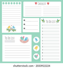 Cute paper note and printable. To do list template. Business organizer set. Simple page. Scrapbook and schedule collection. Banner design for message. Sticker memo. Vector illustration.
