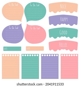 Cute paper note and printable. To do list template. Business organizer set. Simple page. Scrapbook and schedule collection. Banner design for message. Sticker memo. Vector illustration.