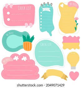 Cute paper note and printable. To do list template. Business organizer set. Simple page. Scrapbook and schedule collection. Banner design for message. Sticker memo. Vector illustration.