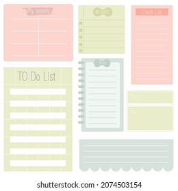 Cute paper note and printable. To do list template. Business organizer set. Simple page. Scrapbook and schedule collection. Banner design for message. Sticker memo. Vector illustration.