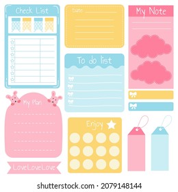 Cute paper note and printable. To do list template. Business organizer set. Simple page. Scrapbook and schedule collection. Banner design for message. Sticker memo. Vector illustration.