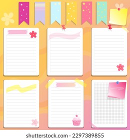 Cute paper note and printable. To do list template. Business organizer set. Simple page. Scrapbook and schedule collection. Banner design for message. Sticker memo. Vector illustration.