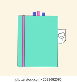 Cuaderno de papel lindo, cuaderno de bocetos de la escuela para el estudio, equipo del estudiante. Ilustración vectorial estilo caricatura.