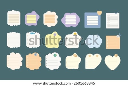 Cute paper notes for daily or weekly planner. Memo sheet stickers, hand drawn notebook sheets and blank diary decoration elements vector set
