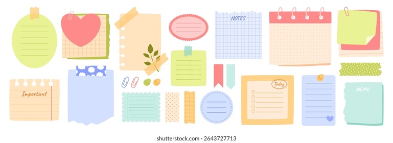 Cute paper notes. Doodle notebook sheets with torn edges, calendar and memo paper stickers, washi types. Diary, planner and scrapbook pastel color elements. Vector set.