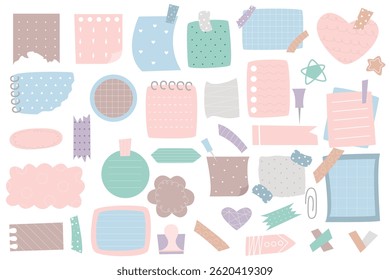 Cute paper notes in doodle sketch style. Paper Memos and stickers, pastel color illustrations. Hand drawn notepad sheets. Vector elements