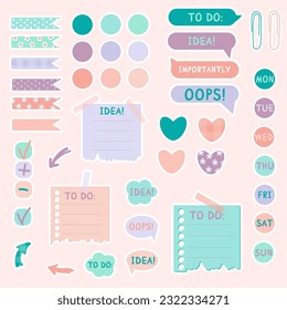 Cute paper notes in pastel colors. Stickers. Simple page. Stationary set. Notes and postcards for notes. Printable planner stickers. A note on the to-do list. Decorative element of planning. Vector