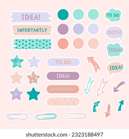 Cute paper notes in pastel colors. Stickers. Simple page. Stationary set. Notes and postcards for notes. Printable planner stickers. A note on the to-do list. Decorative element of planning. Vector