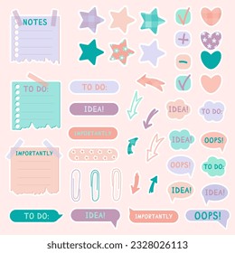 Cute paper notes in pastel colors. Stickers. Simple page. Stationary set. Notes and postcards for notes. Printable planner stickers. A note on the to-do list. Decorative element of planning. Vector