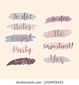 Cute paper notes in pastel colors. Stickers. Simple page. Stationary set. Notes and postcards for notes. Printable planner stickers. A note on the to-do list. Decorative element of planning. Vector