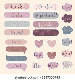 Cute paper notes in pastel colors. Stickers. Simple page. Stationary set. Notes and postcards for notes. Printable planner stickers. A note on the to-do list. Decorative element of planning. Vector