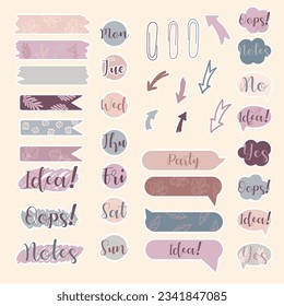 Cute paper notes in pastel colors. Stickers. Simple page. Stationary set. Notes and postcards for notes. Printable planner stickers. A note on the to-do list. Decorative element of planning. Vector