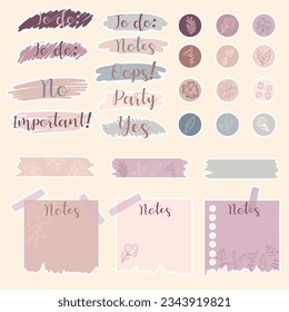 Cute paper notes in pastel colors. Stickers. Simple page. Stationary set. Notes and postcards for notes. Printable planner stickers. A note on the to-do list. Decorative element of planning. Vector