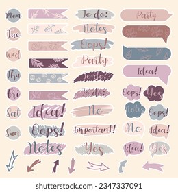 Cute paper notes in pastel colors. Stickers. Simple page. Stationary set. Notes and postcards for notes. Printable planner stickers. A note on the to-do list. Decorative element of planning. Vector