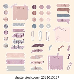 Cute paper notes in pastel colors. Stickers. Simple page. Stationary set. Notes and postcards for notes. Printable planner stickers. A note on the to-do list. Decorative element of planning. Vector