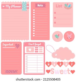 Cute paper notes. Stationary set. Scrapbook notes and cards.Printable planner stickers. To Do List note. Template for your message. Decorative planning element. Vector illustration.