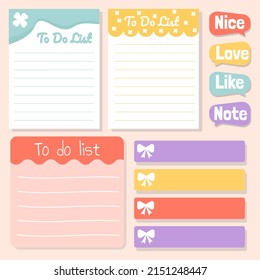 Cute paper notes. Stationary set. Scrapbook notes and cards.Printable planner stickers. To Do List note. Template for your message. Decorative planning element. Vector illustration.