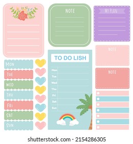 Cute paper notes. Stationary set. Scrapbook notes and cards.Printable planner stickers. To Do List note. Template for your message. Decorative planning element. Vector illustration.