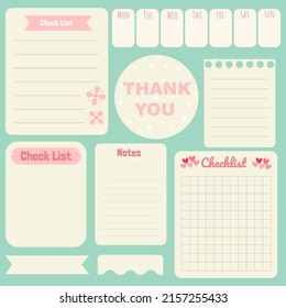 Cute paper notes. Stationary set. Scrapbook notes and cards.Printable planner stickers. To Do List note. Template for your message. Decorative planning element. Vector illustration.