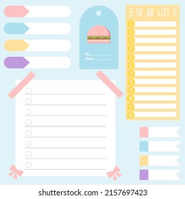 Cute paper notes. Stationary set. Scrapbook notes and cards.Printable planner stickers. To Do List note. Template for your message. Decorative planning element. Vector illustration.