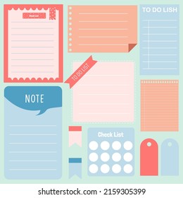 Cute paper notes. Stationary set. Scrapbook notes and cards.Printable planner stickers. To Do List note. Template for your message. Decorative planning element. Vector illustration.
