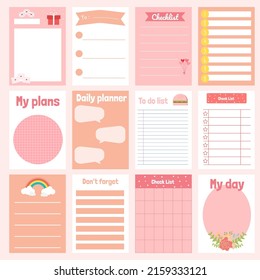 Cute paper notes. Stationary set. Scrapbook notes and cards.Printable planner stickers. To Do List note. Template for your message. Decorative planning element. Vector illustration.