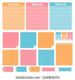 Cute paper notes. Stationary set. Scrapbook notes and cards.Printable planner stickers. To Do List note. Template for your message. Decorative planning element. Vector illustration.