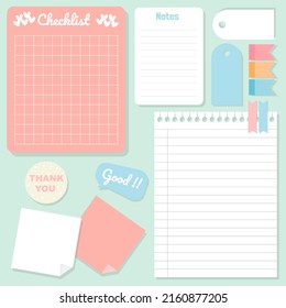 Cute paper notes. Stationary set. Scrapbook notes and cards.Printable planner stickers. To Do List note. Template for your message. Decorative planning element. Vector illustration.