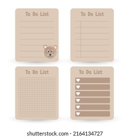 Cute paper notes. Stationary set. Scrapbook notes and cards.Printable planner stickers. To Do List note. Template for your message. Decorative planning element. Vector illustration.