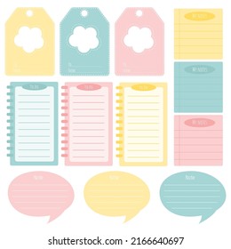 Cute paper notes. Stationary set. Scrapbook notes and cards.Printable planner stickers. To Do List note. Template for your message. Decorative planning element. Vector illustration.
